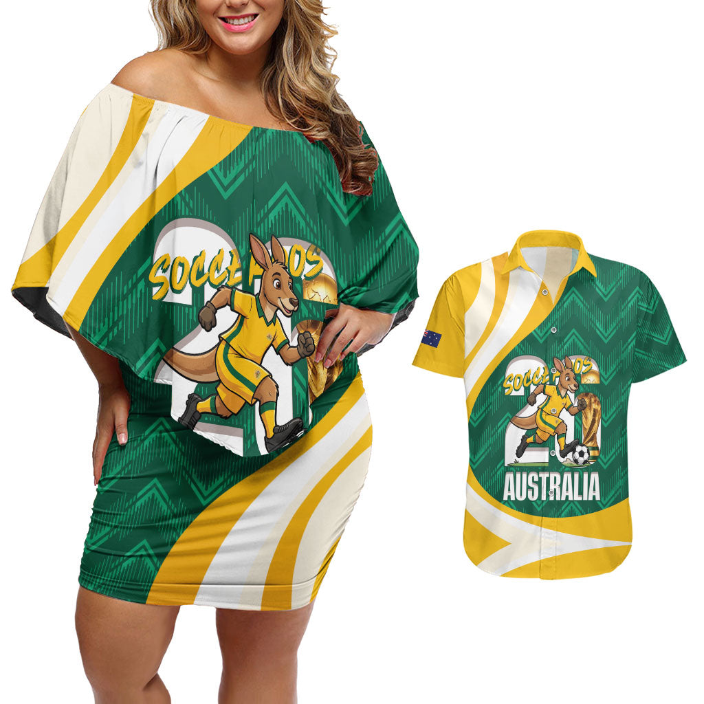 Australia 2026 Soccer Custom Couples Matching Off Shoulder Short Dress and Hawaiian Shirt Go Socceroos Kangaroo Mascot Green Sporty