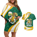 Australia 2026 Soccer Custom Couples Matching Off Shoulder Short Dress and Hawaiian Shirt Go Socceroos Kangaroo Mascot Green Sporty