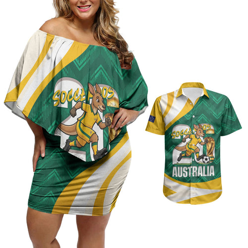 Australia 2026 Soccer Custom Couples Matching Off Shoulder Short Dress and Hawaiian Shirt Go Socceroos Kangaroo Mascot Green Sporty