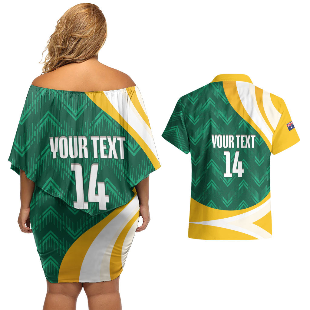 Australia 2026 Soccer Custom Couples Matching Off Shoulder Short Dress and Hawaiian Shirt Go Socceroos Kangaroo Mascot Green Sporty