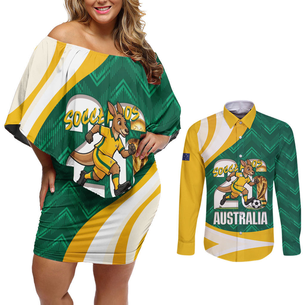 Australia 2026 Soccer Custom Couples Matching Off Shoulder Short Dress and Long Sleeve Button Shirt Go Socceroos Kangaroo Mascot Green Sporty