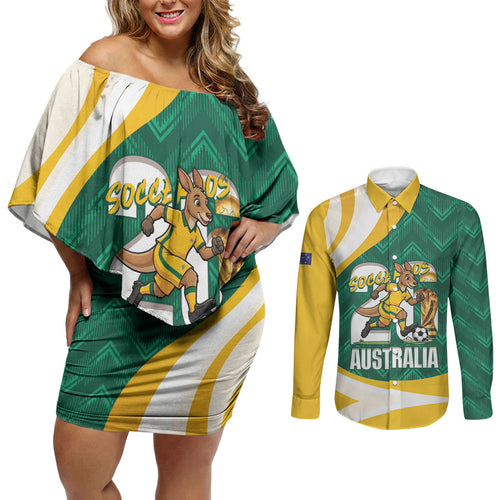 Australia 2026 Soccer Custom Couples Matching Off Shoulder Short Dress and Long Sleeve Button Shirt Go Socceroos Kangaroo Mascot Green Sporty
