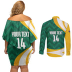 Australia 2026 Soccer Custom Couples Matching Off Shoulder Short Dress and Long Sleeve Button Shirt Go Socceroos Kangaroo Mascot Green Sporty