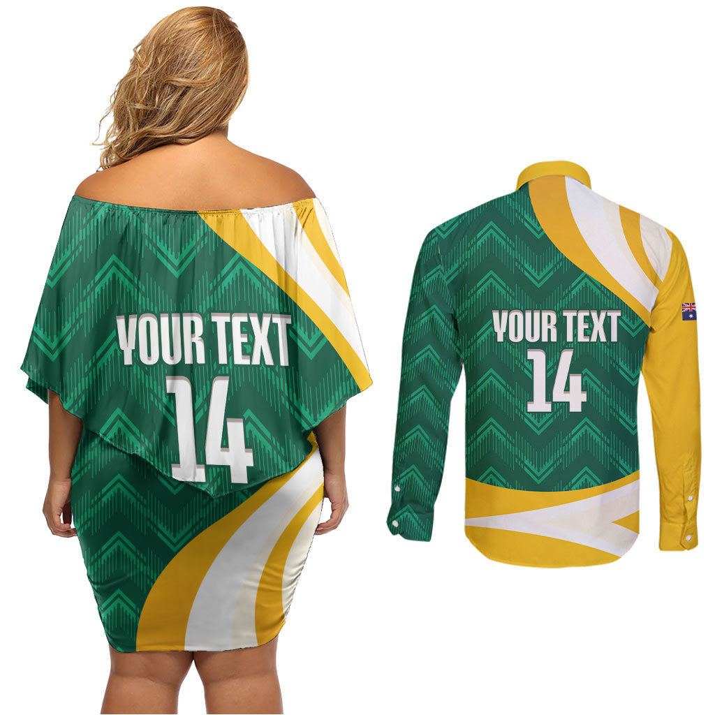 Australia 2026 Soccer Custom Couples Matching Off Shoulder Short Dress and Long Sleeve Button Shirt Go Socceroos Kangaroo Mascot Green Sporty