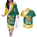 Australia 2026 Soccer Custom Couples Matching Off The Shoulder Long Sleeve Dress and Hawaiian Shirt Go Socceroos Kangaroo Mascot Green Sporty