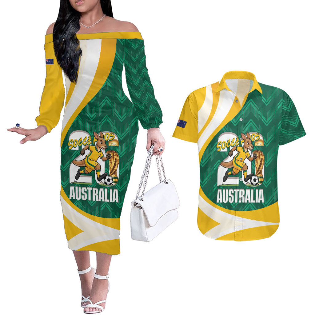 Australia 2026 Soccer Custom Couples Matching Off The Shoulder Long Sleeve Dress and Hawaiian Shirt Go Socceroos Kangaroo Mascot Green Sporty