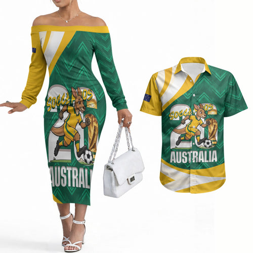 Australia 2026 Soccer Custom Couples Matching Off The Shoulder Long Sleeve Dress and Hawaiian Shirt Go Socceroos Kangaroo Mascot Green Sporty