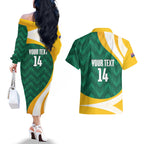 Australia 2026 Soccer Custom Couples Matching Off The Shoulder Long Sleeve Dress and Hawaiian Shirt Go Socceroos Kangaroo Mascot Green Sporty