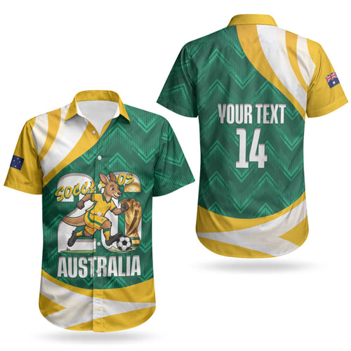 Australia 2026 Soccer Custom Couples Matching Off The Shoulder Long Sleeve Dress and Hawaiian Shirt Go Socceroos Kangaroo Mascot Green Sporty