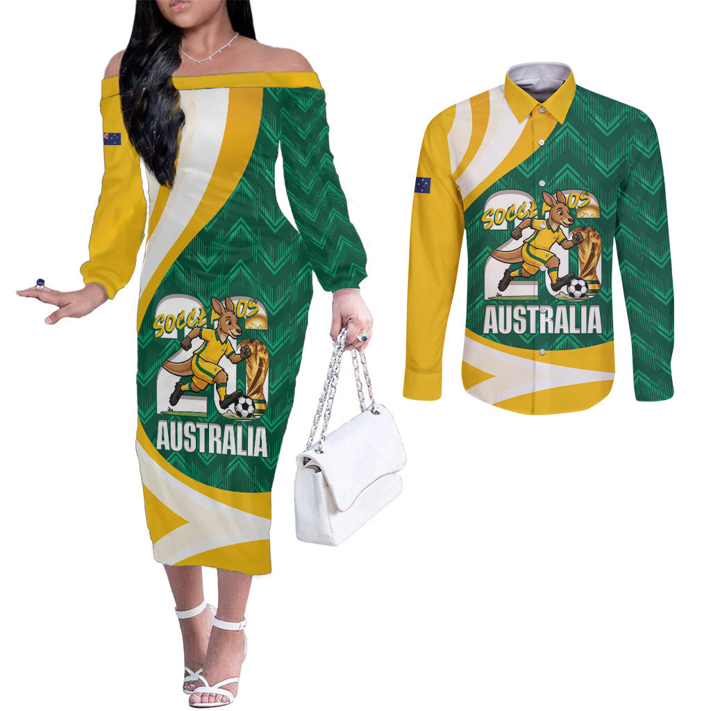 Australia 2026 Soccer Custom Couples Matching Off The Shoulder Long Sleeve Dress and Long Sleeve Button Shirt Go Socceroos Kangaroo Mascot Green Sporty