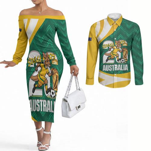 Australia 2026 Soccer Custom Couples Matching Off The Shoulder Long Sleeve Dress and Long Sleeve Button Shirt Go Socceroos Kangaroo Mascot Green Sporty