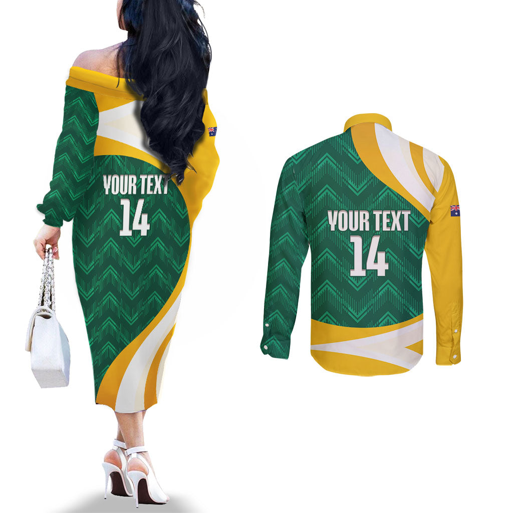 Australia 2026 Soccer Custom Couples Matching Off The Shoulder Long Sleeve Dress and Long Sleeve Button Shirt Go Socceroos Kangaroo Mascot Green Sporty