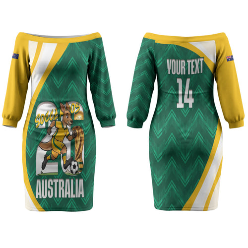 Australia 2026 Soccer Custom Couples Matching Off The Shoulder Long Sleeve Dress and Long Sleeve Button Shirt Go Socceroos Kangaroo Mascot Green Sporty LT14