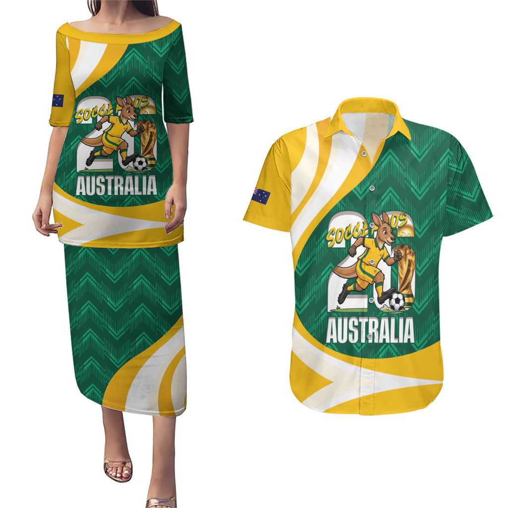 Australia 2026 Soccer Custom Couples Matching Puletasi and Hawaiian Shirt Go Socceroos Kangaroo Mascot Green Sporty