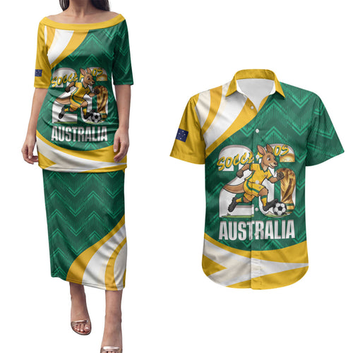 Australia 2026 Soccer Custom Couples Matching Puletasi and Hawaiian Shirt Go Socceroos Kangaroo Mascot Green Sporty