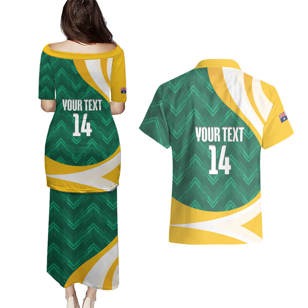 Australia 2026 Soccer Custom Couples Matching Puletasi and Hawaiian Shirt Go Socceroos Kangaroo Mascot Green Sporty