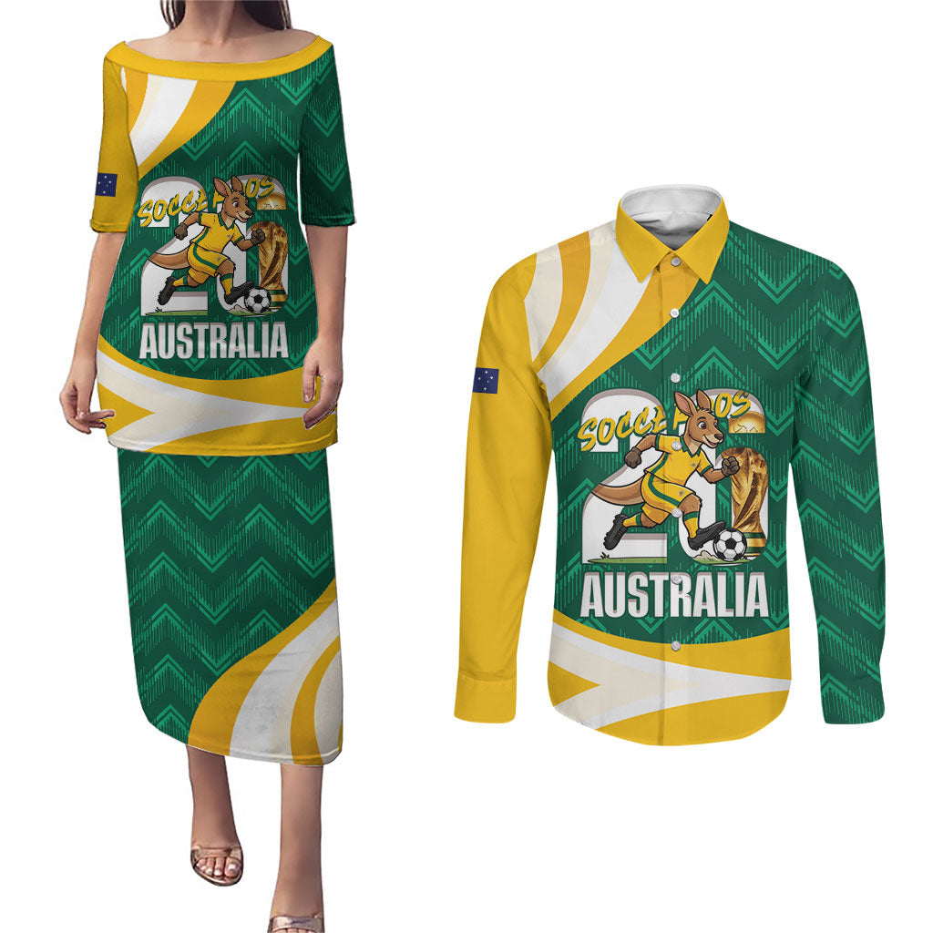 Australia 2026 Soccer Custom Couples Matching Puletasi and Long Sleeve Button Shirt Go Socceroos Kangaroo Mascot Green Sporty