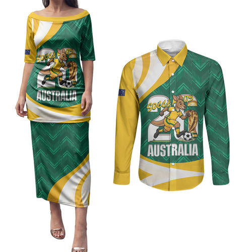 Australia 2026 Soccer Custom Couples Matching Puletasi and Long Sleeve Button Shirt Go Socceroos Kangaroo Mascot Green Sporty