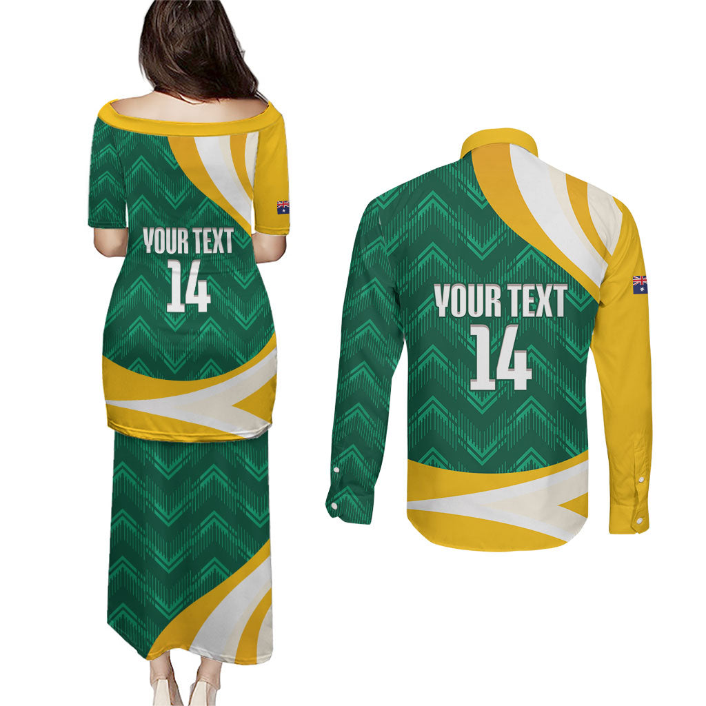 Australia 2026 Soccer Custom Couples Matching Puletasi and Long Sleeve Button Shirt Go Socceroos Kangaroo Mascot Green Sporty