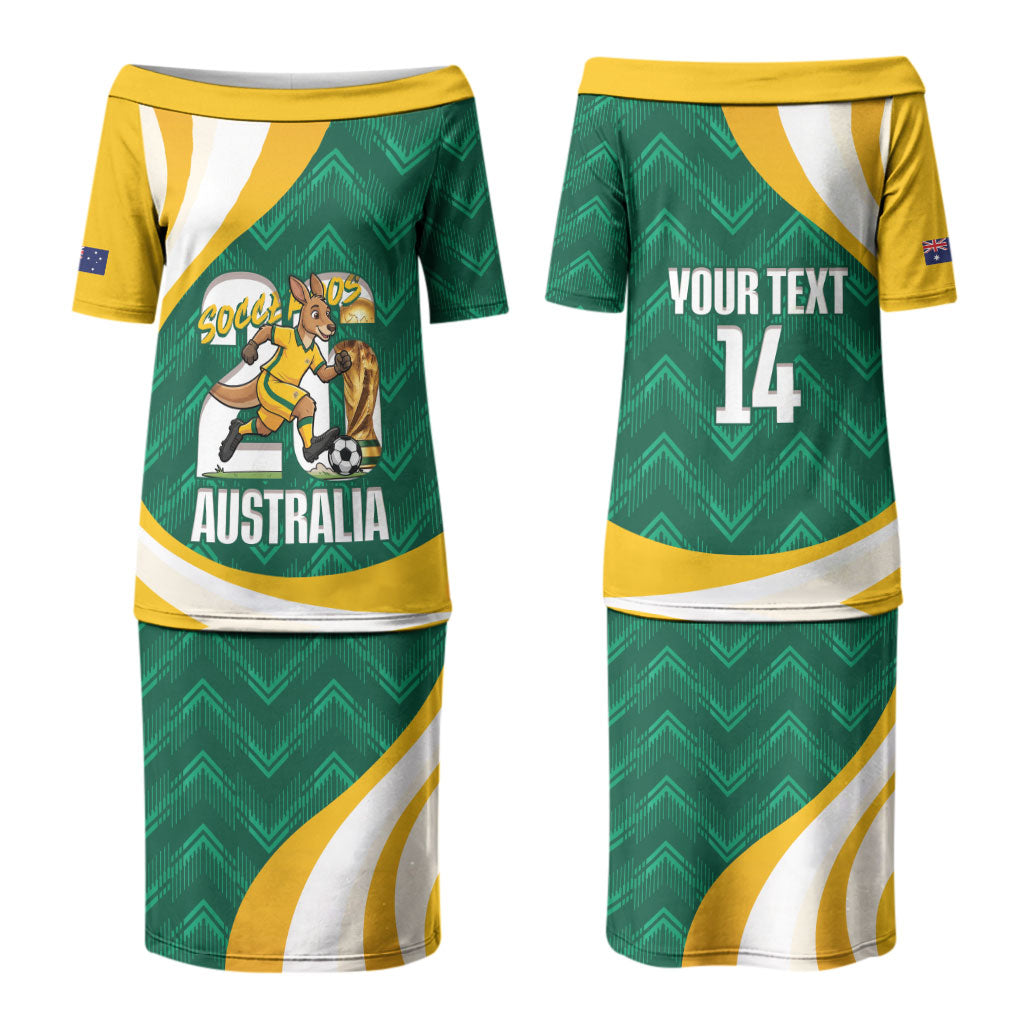 Australia 2026 Soccer Custom Couples Matching Puletasi and Long Sleeve Button Shirt Go Socceroos Kangaroo Mascot Green Sporty LT14