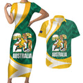 Australia 2026 Soccer Custom Couples Matching Short Sleeve Bodycon Dress and Hawaiian Shirt Go Socceroos Kangaroo Mascot Green Sporty