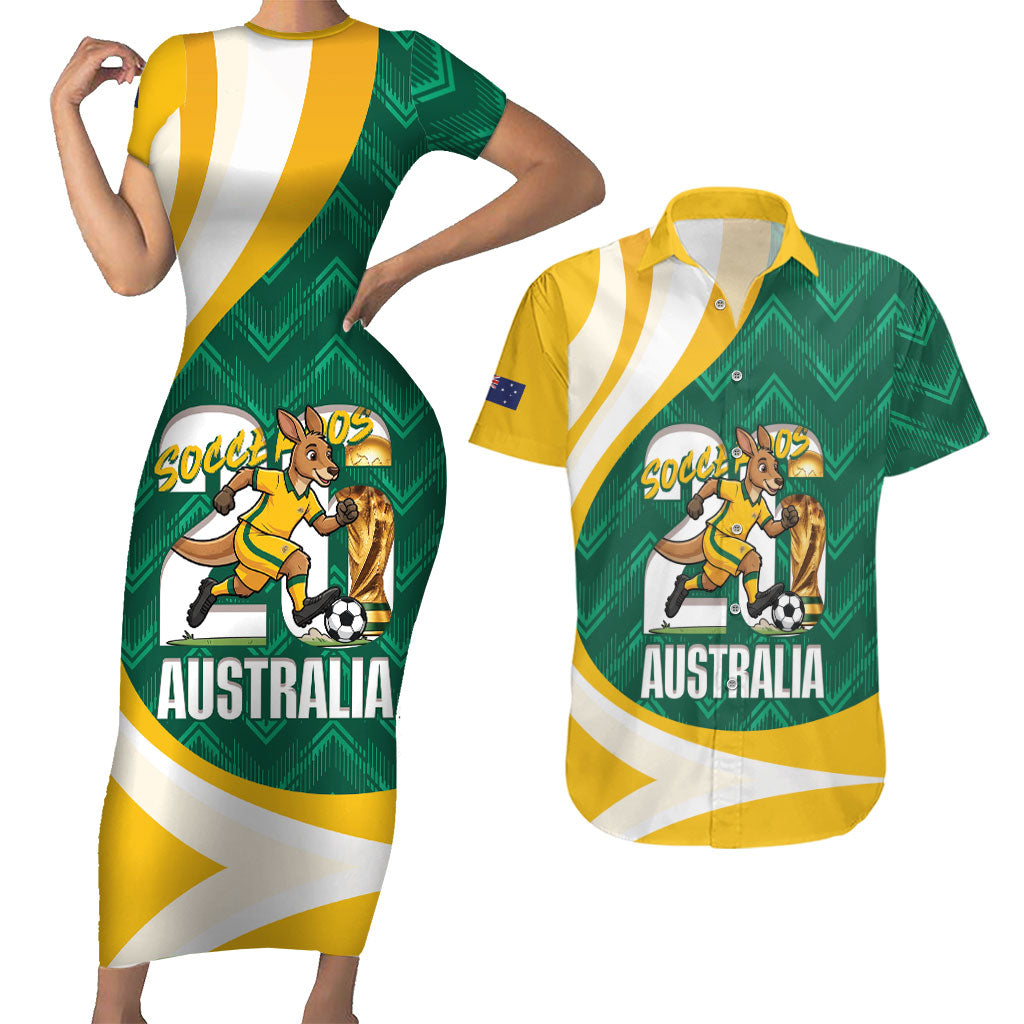 Australia 2026 Soccer Custom Couples Matching Short Sleeve Bodycon Dress and Hawaiian Shirt Go Socceroos Kangaroo Mascot Green Sporty