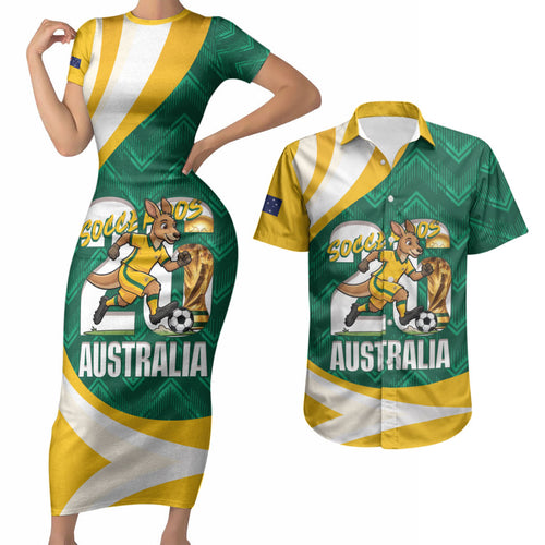Australia 2026 Soccer Custom Couples Matching Short Sleeve Bodycon Dress and Hawaiian Shirt Go Socceroos Kangaroo Mascot Green Sporty