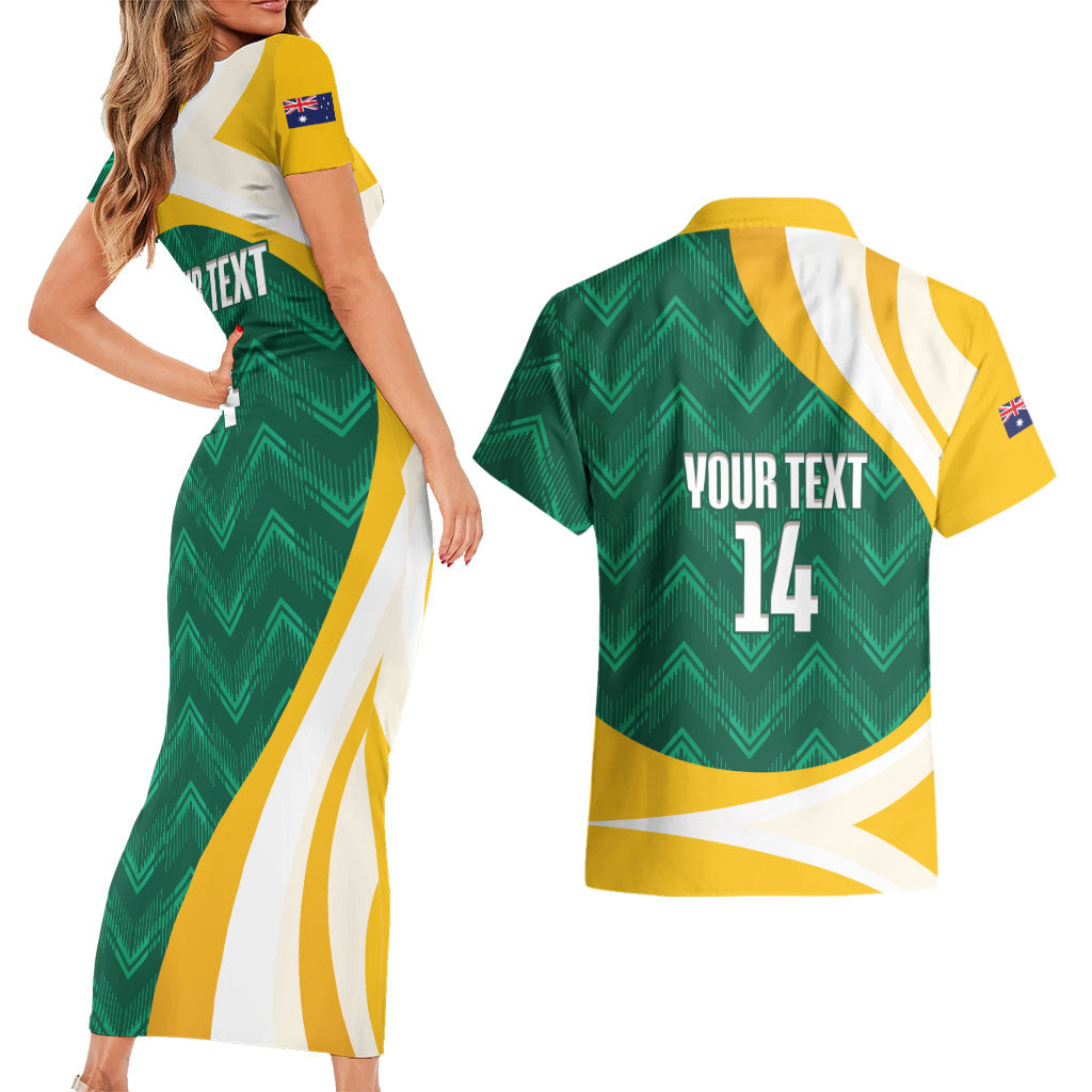 Australia 2026 Soccer Custom Couples Matching Short Sleeve Bodycon Dress and Hawaiian Shirt Go Socceroos Kangaroo Mascot Green Sporty