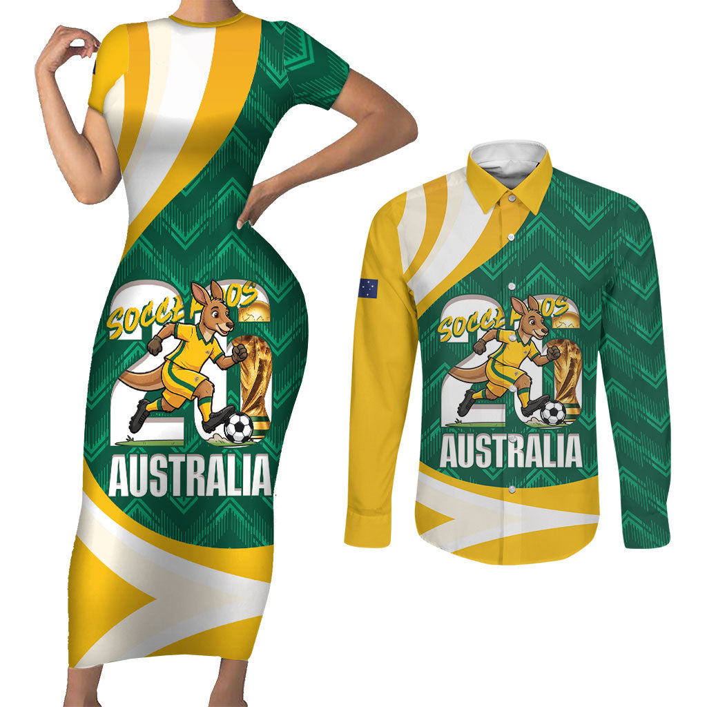 Australia 2026 Soccer Custom Couples Matching Short Sleeve Bodycon Dress and Long Sleeve Button Shirt Go Socceroos Kangaroo Mascot Green Sporty