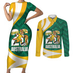 Australia 2026 Soccer Custom Couples Matching Short Sleeve Bodycon Dress and Long Sleeve Button Shirt Go Socceroos Kangaroo Mascot Green Sporty
