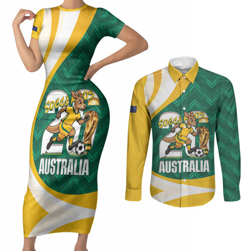 Australia 2026 Soccer Custom Couples Matching Short Sleeve Bodycon Dress and Long Sleeve Button Shirt Go Socceroos Kangaroo Mascot Green Sporty