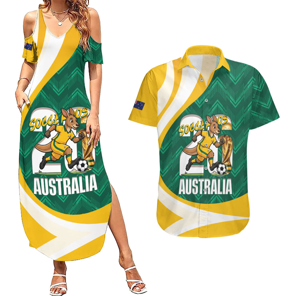 Australia 2026 Soccer Custom Couples Matching Summer Maxi Dress and Hawaiian Shirt Go Socceroos Kangaroo Mascot Green Sporty