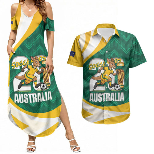 Australia 2026 Soccer Custom Couples Matching Summer Maxi Dress and Hawaiian Shirt Go Socceroos Kangaroo Mascot Green Sporty