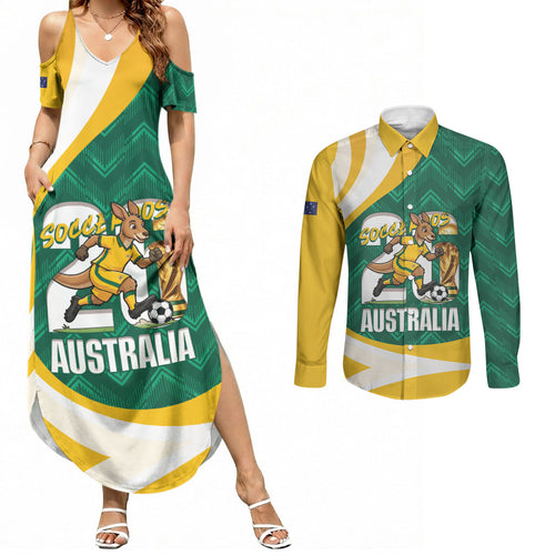 Australia 2026 Soccer Custom Couples Matching Summer Maxi Dress and Long Sleeve Button Shirt Go Socceroos Kangaroo Mascot Green Sporty