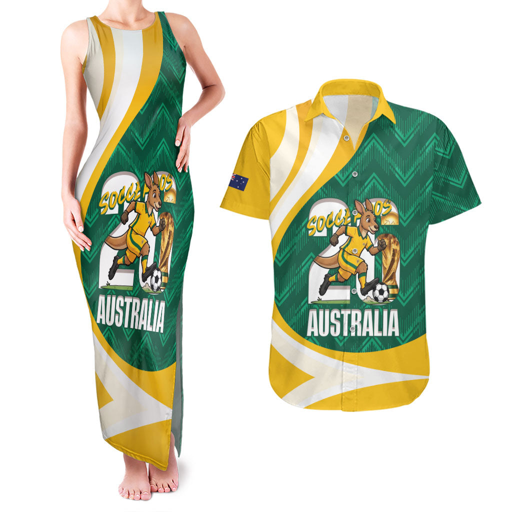 Australia 2026 Soccer Custom Couples Matching Tank Maxi Dress and Hawaiian Shirt Go Socceroos Kangaroo Mascot Green Sporty