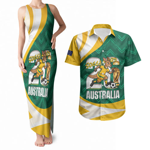 Australia 2026 Soccer Custom Couples Matching Tank Maxi Dress and Hawaiian Shirt Go Socceroos Kangaroo Mascot Green Sporty