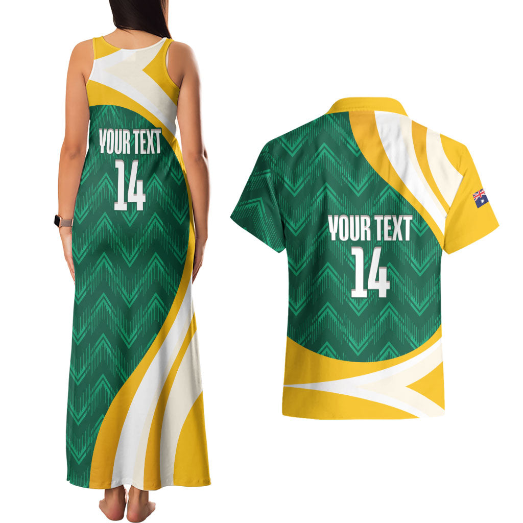 Australia 2026 Soccer Custom Couples Matching Tank Maxi Dress and Hawaiian Shirt Go Socceroos Kangaroo Mascot Green Sporty