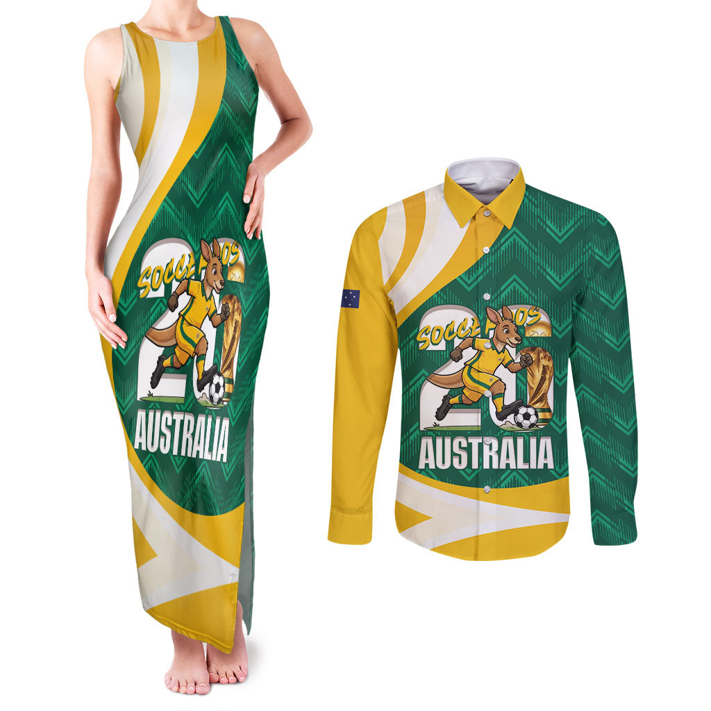 Australia 2026 Soccer Custom Couples Matching Tank Maxi Dress and Long Sleeve Button Shirt Go Socceroos Kangaroo Mascot Green Sporty