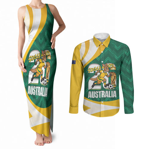Australia 2026 Soccer Custom Couples Matching Tank Maxi Dress and Long Sleeve Button Shirt Go Socceroos Kangaroo Mascot Green Sporty