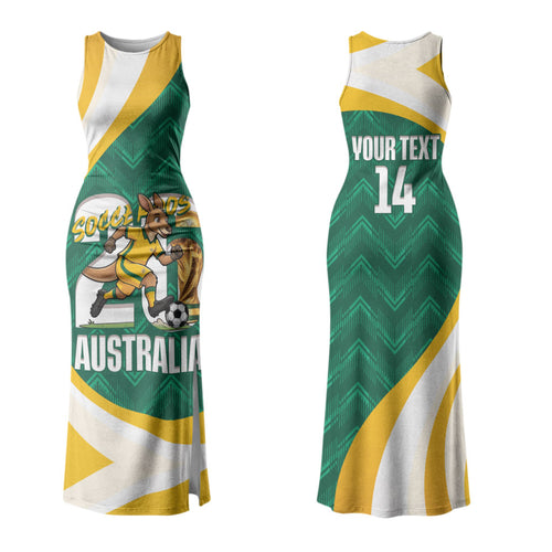 Australia 2026 Soccer Custom Couples Matching Tank Maxi Dress and Long Sleeve Button Shirt Go Socceroos Kangaroo Mascot Green Sporty LT14