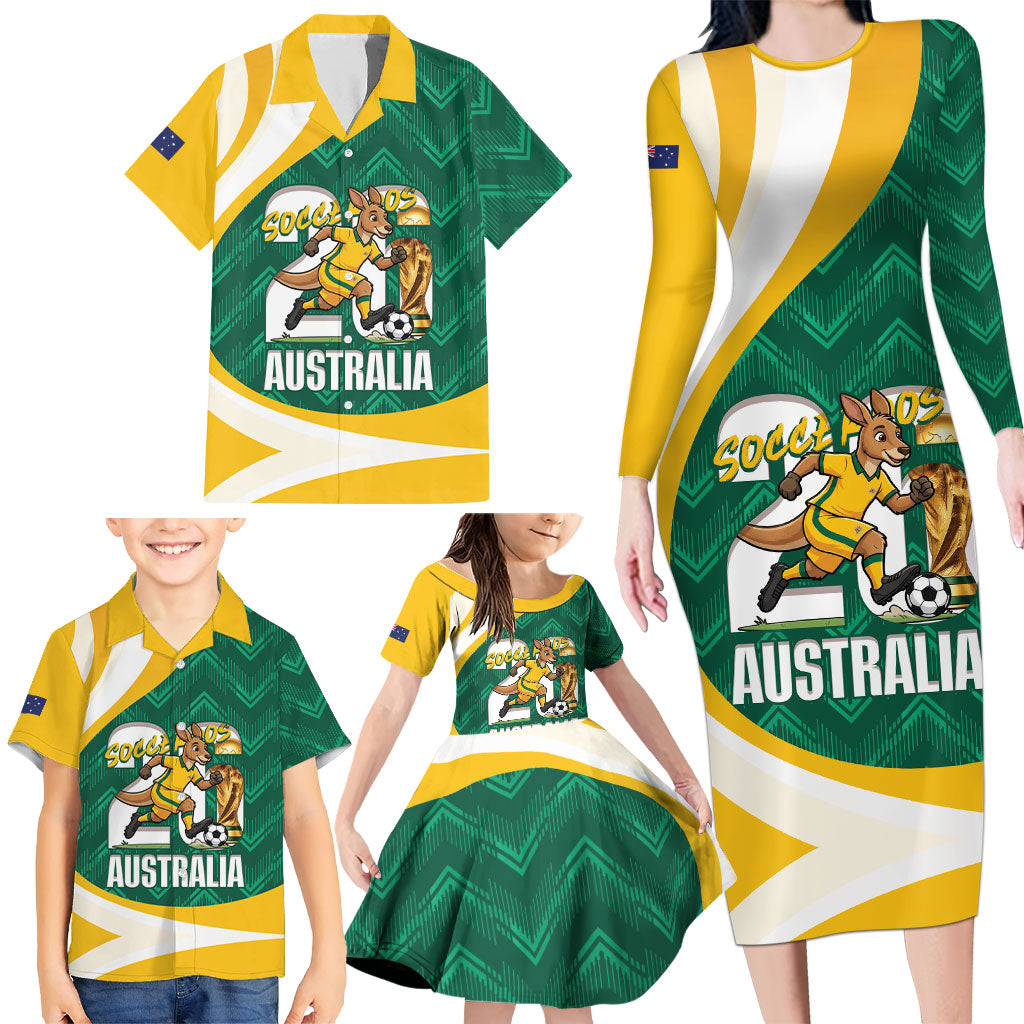 Australia 2026 Soccer Custom Family Matching Long Sleeve Bodycon Dress and Hawaiian Shirt Go Socceroos Kangaroo Mascot Green Sporty