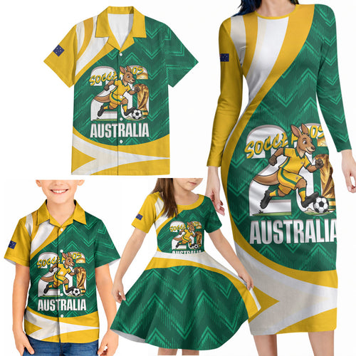 Australia 2026 Soccer Custom Family Matching Long Sleeve Bodycon Dress and Hawaiian Shirt Go Socceroos Kangaroo Mascot Green Sporty