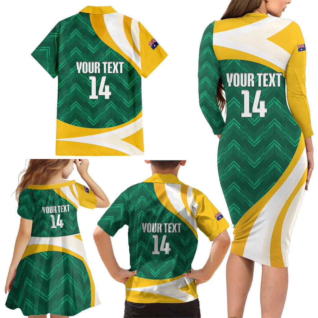 Australia 2026 Soccer Custom Family Matching Long Sleeve Bodycon Dress and Hawaiian Shirt Go Socceroos Kangaroo Mascot Green Sporty