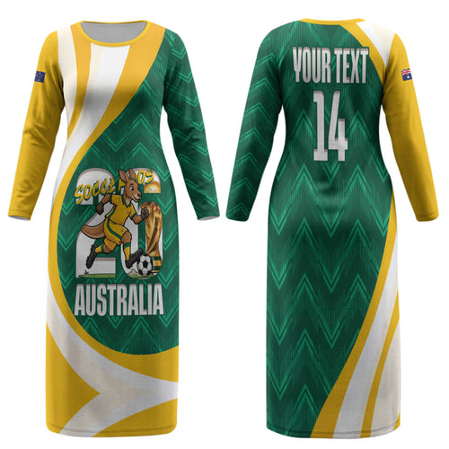 Australia 2026 Soccer Custom Family Matching Long Sleeve Bodycon Dress and Hawaiian Shirt Go Socceroos Kangaroo Mascot Green Sporty