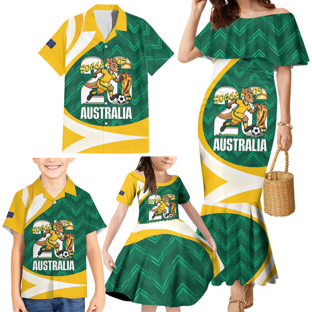 Australia 2026 Soccer Custom Family Matching Mermaid Dress and Hawaiian Shirt Go Socceroos Kangaroo Mascot Green Sporty