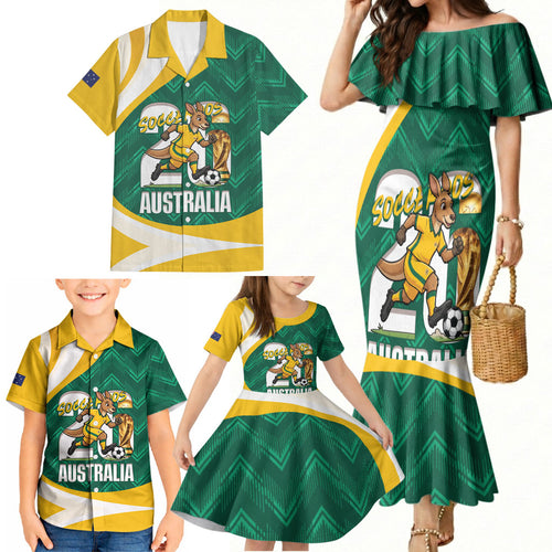 Australia 2026 Soccer Custom Family Matching Mermaid Dress and Hawaiian Shirt Go Socceroos Kangaroo Mascot Green Sporty