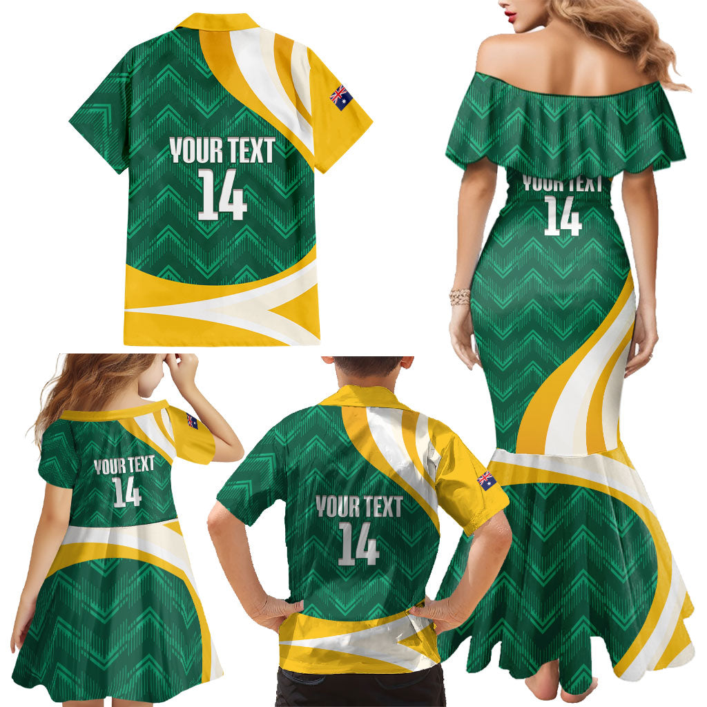 Australia 2026 Soccer Custom Family Matching Mermaid Dress and Hawaiian Shirt Go Socceroos Kangaroo Mascot Green Sporty