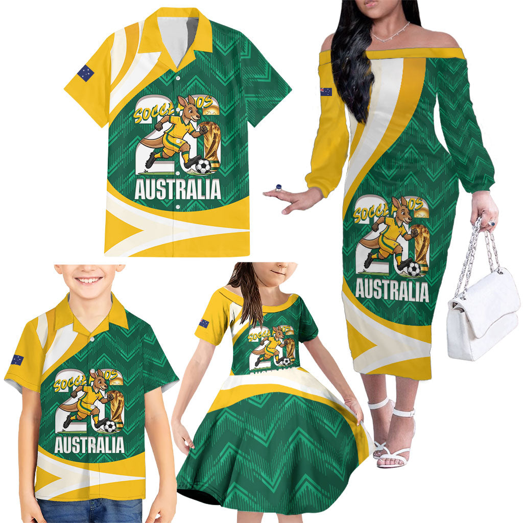 Australia 2026 Soccer Custom Family Matching Off The Shoulder Long Sleeve Dress and Hawaiian Shirt Go Socceroos Kangaroo Mascot Green Sporty