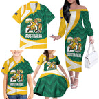 Australia 2026 Soccer Custom Family Matching Off The Shoulder Long Sleeve Dress and Hawaiian Shirt Go Socceroos Kangaroo Mascot Green Sporty