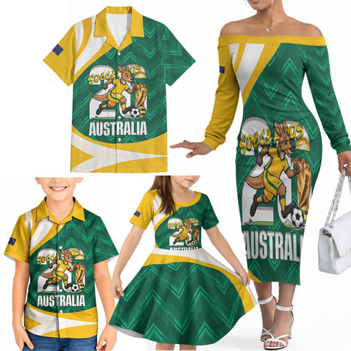 Australia 2026 Soccer Custom Family Matching Off The Shoulder Long Sleeve Dress and Hawaiian Shirt Go Socceroos Kangaroo Mascot Green Sporty